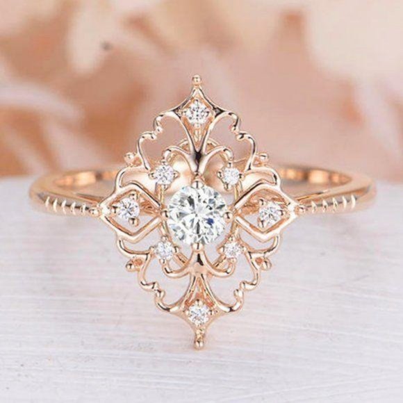 NEW 18K Rose Gold Vintage Diamond Floral Ring - Picture 1 of 7